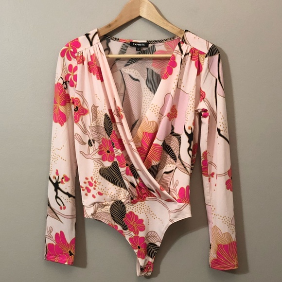 Express Tops - Express Floral Drape Surplice Thong Bodysuit